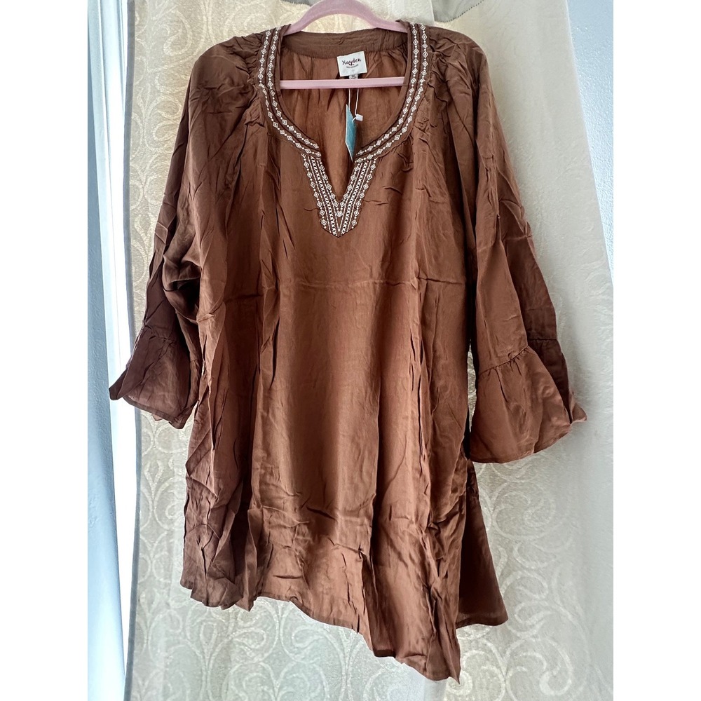 Hayden Los Angeles Brown Embroidered Bell Sleeve Tunic‎ Top 3XL NWT Boho Blouse